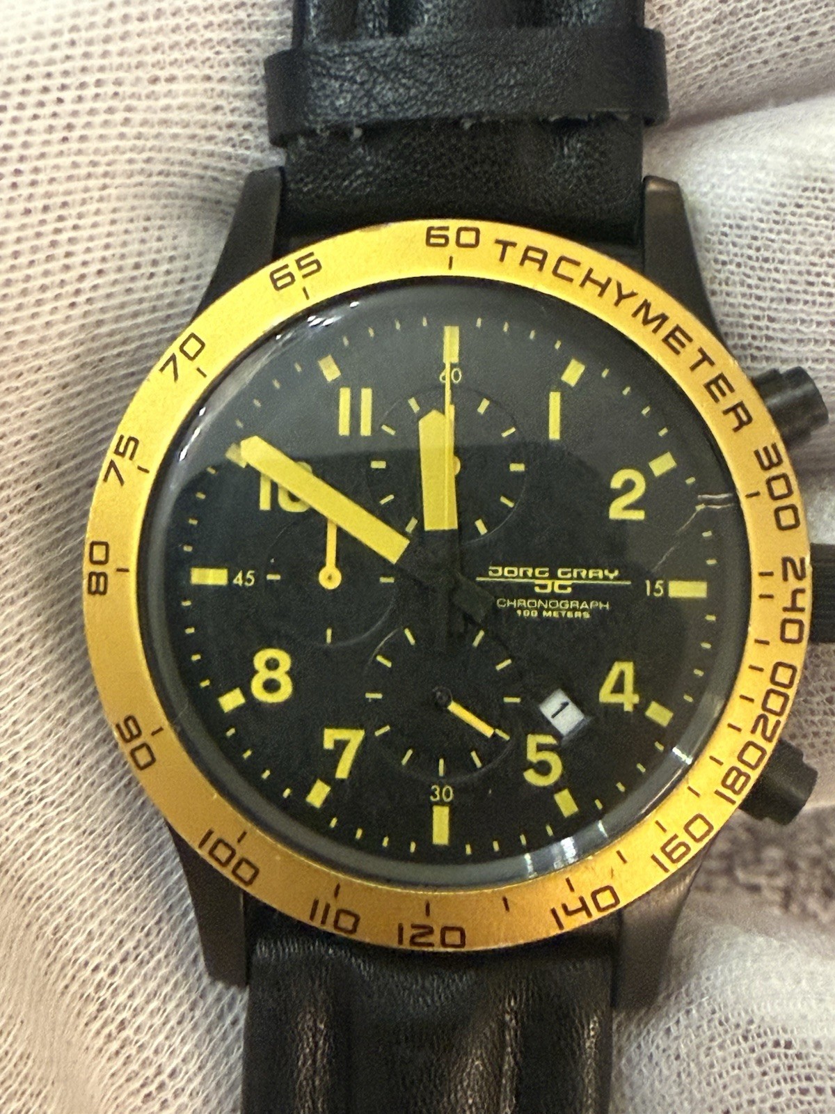 Jorg Gray Wristwatch Chronograph Black Yellow Dial Tachymeter Leather Quartz