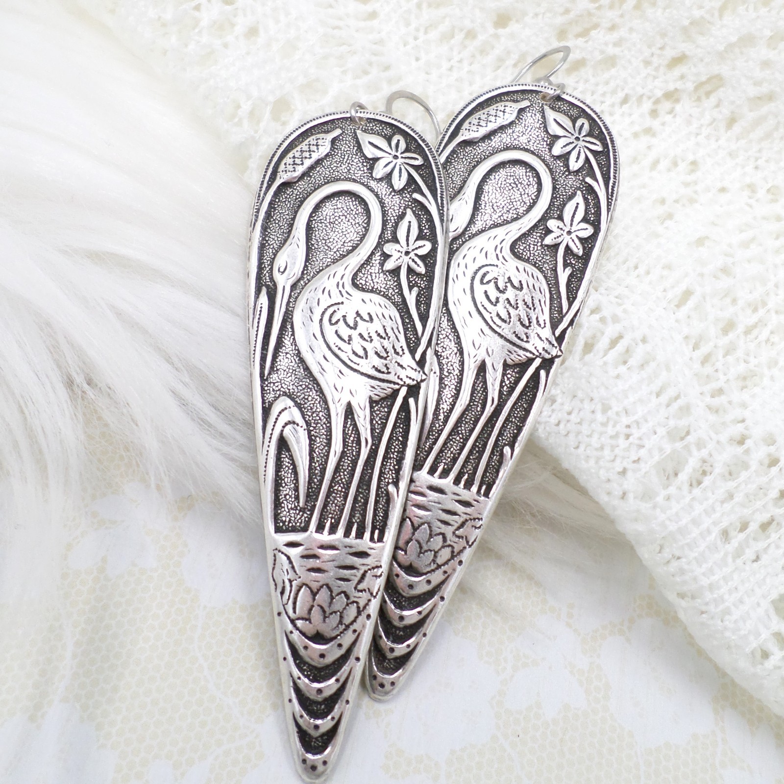 Antique Silver Plated Crane Statement Earrings, Heron Jewelry Gift For Women