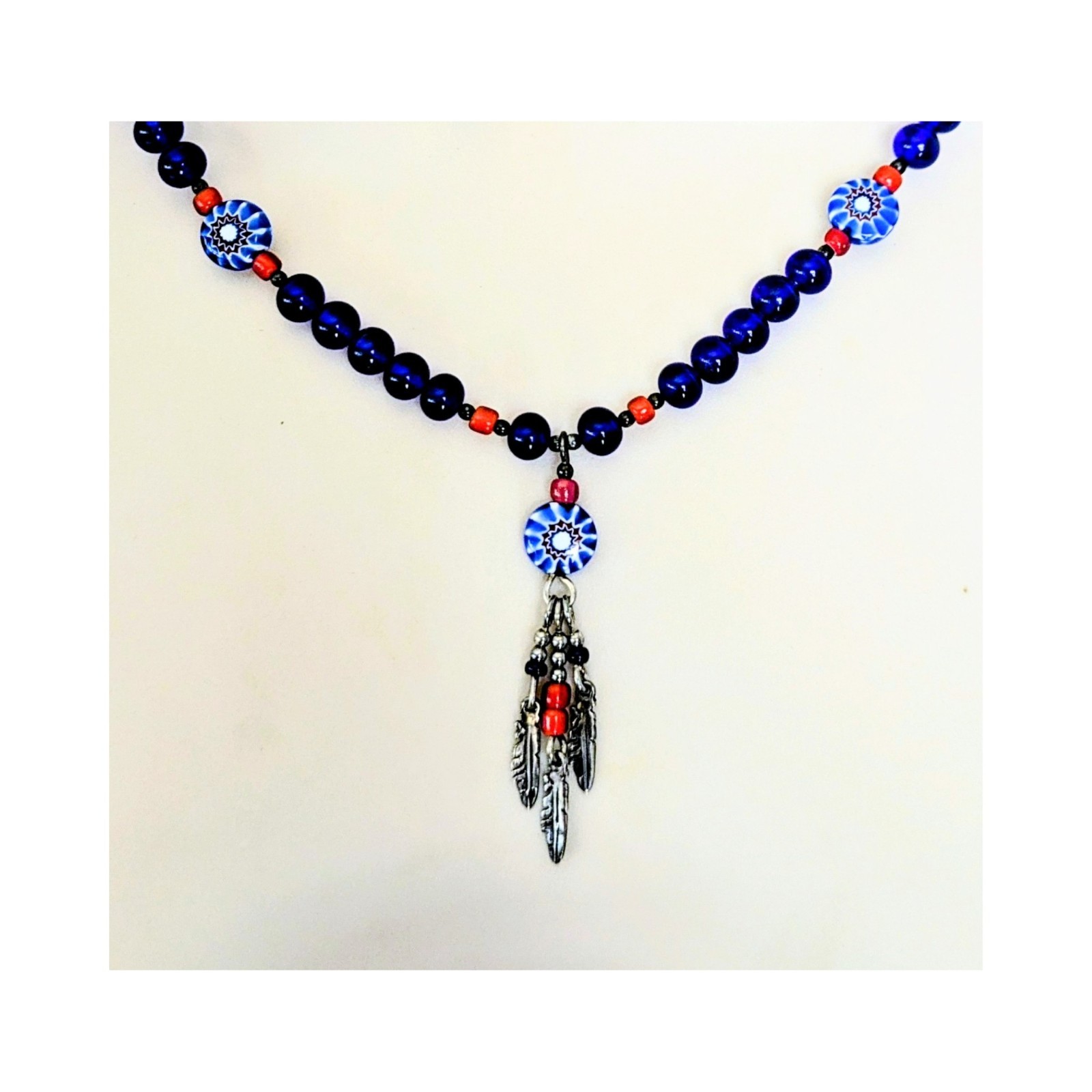N.A. Style Sterling Silver Cobalt Blue Beaded Feather Pendant Necklace 23.5″