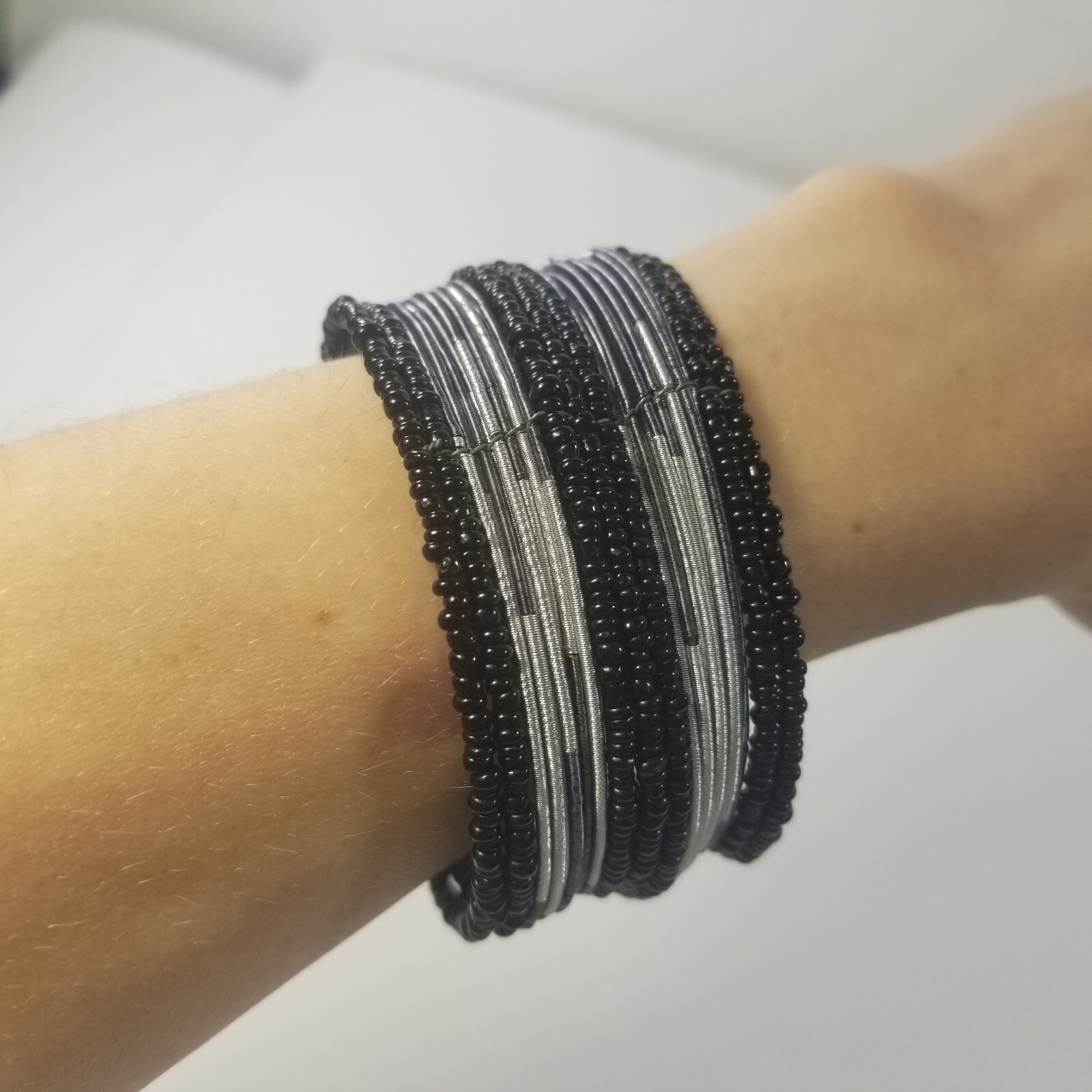 Beaded Wrap Cuff Bracelet Silver Tone Black Seed Beads, Flexible Fit, 1.5″ wide
