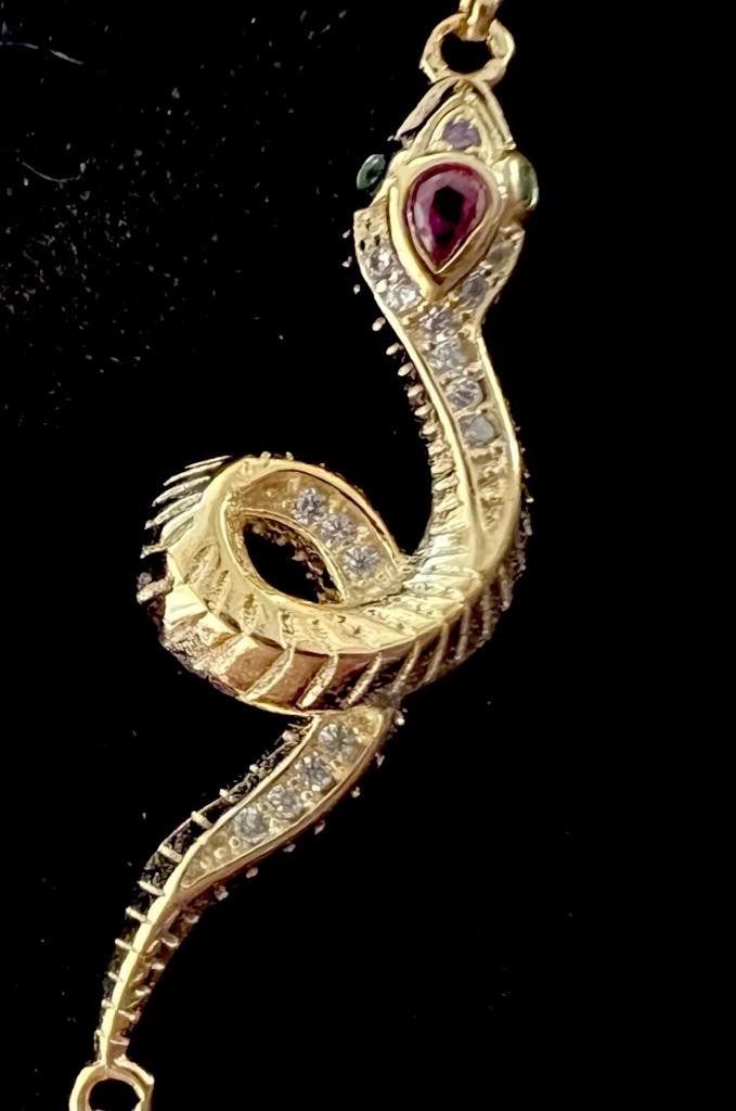 REAL 14K Y Gold on Solid 925 ruby diamond Snake Bracelet Victorian Egyptian Rev.