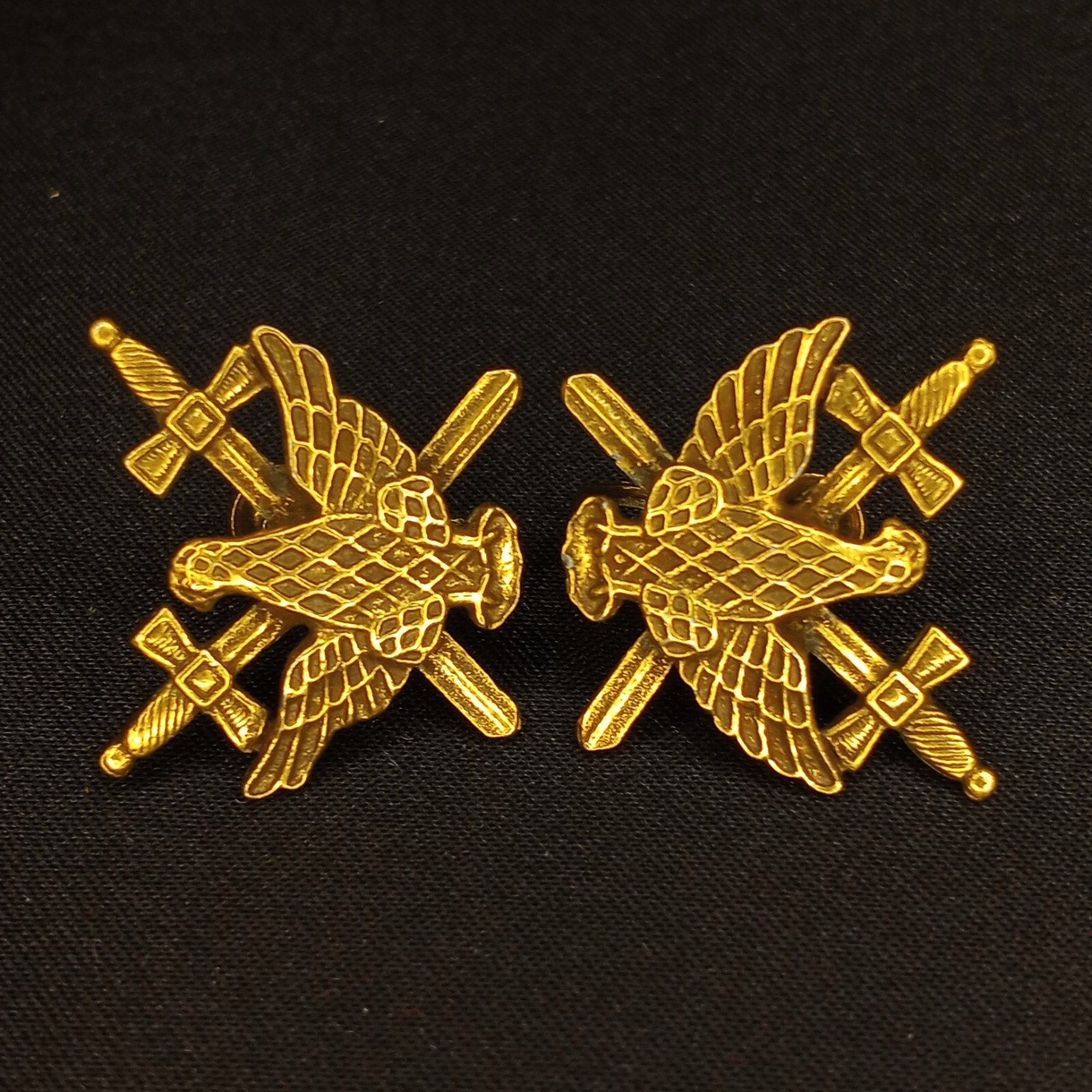 Large Vintage Earrings Sword Shield Crown Eagle Pin Military Style Gold Tone