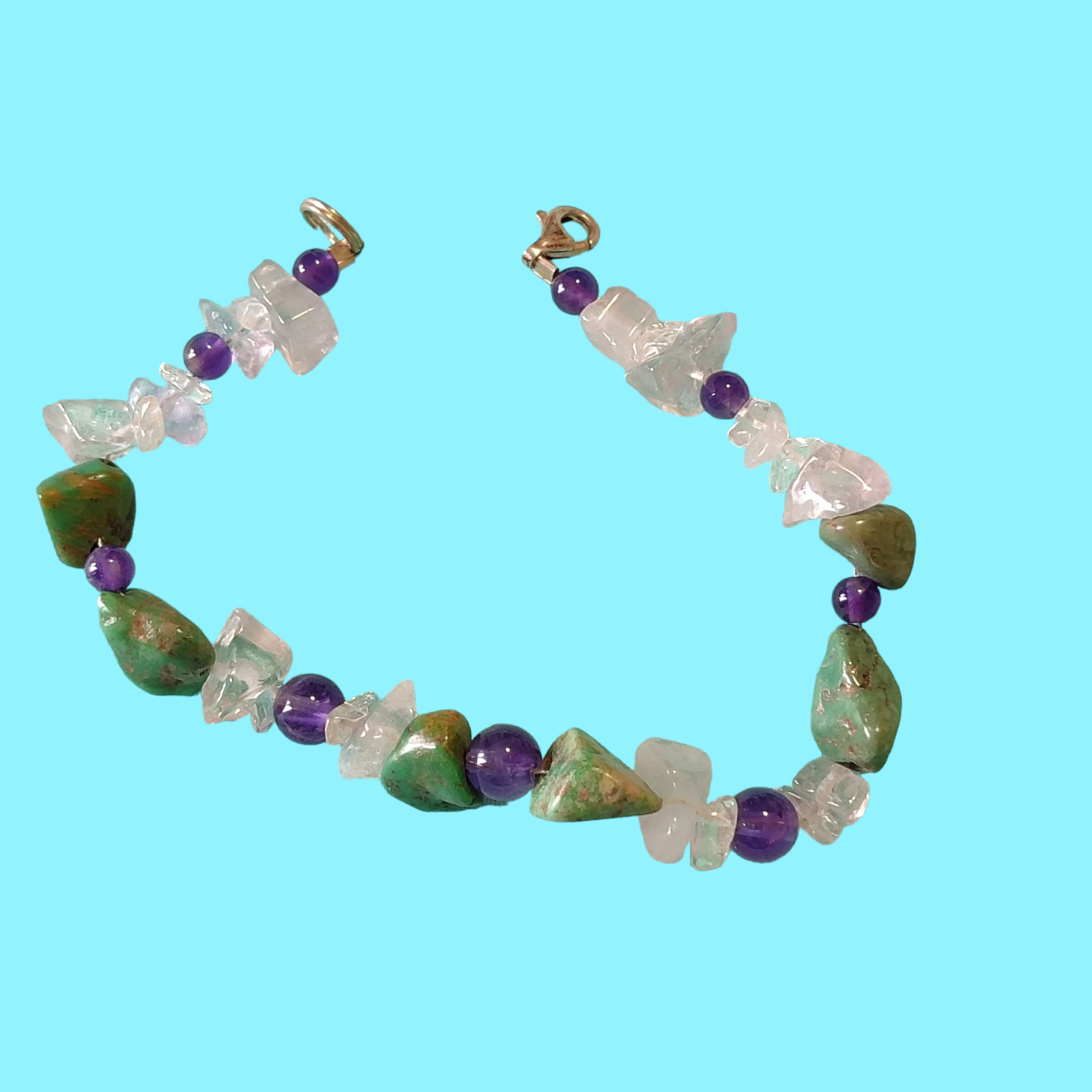 Sterling Silver Amethyst Quartz And Turquoise Bead Bracelet 7.2in Long
