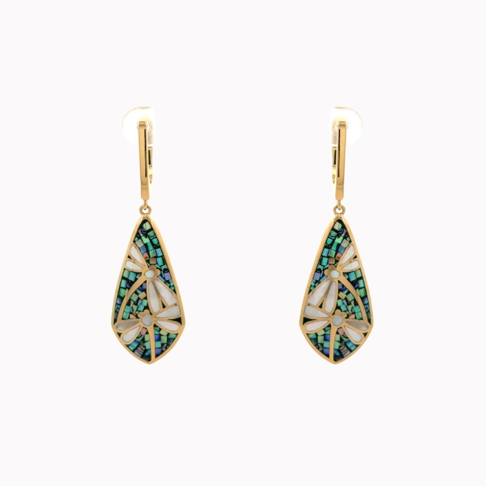 925 Silver Gold Plated Earrings Abalone Mosaic & MOP Inlay English Lock