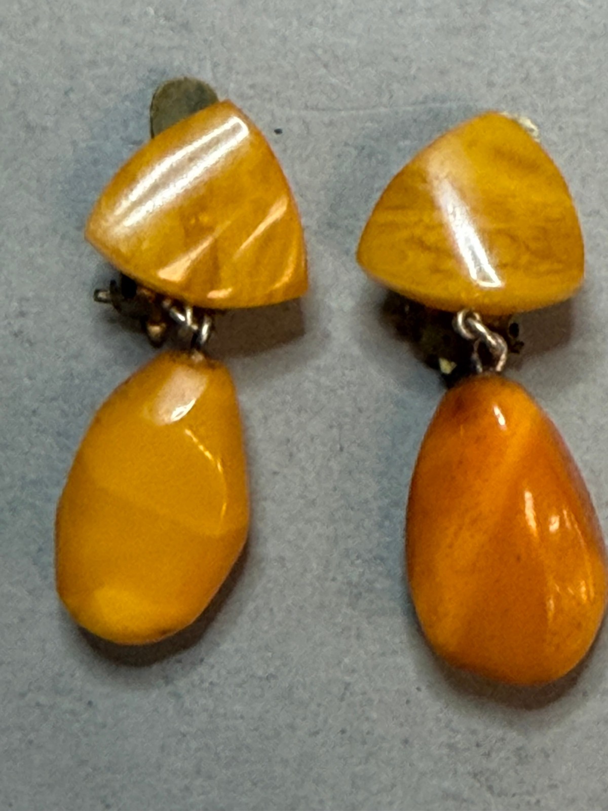Vintage Soviet Baltic Egg Yolk Butterscotch Amber Dangle Clip On Earrings 6.9g