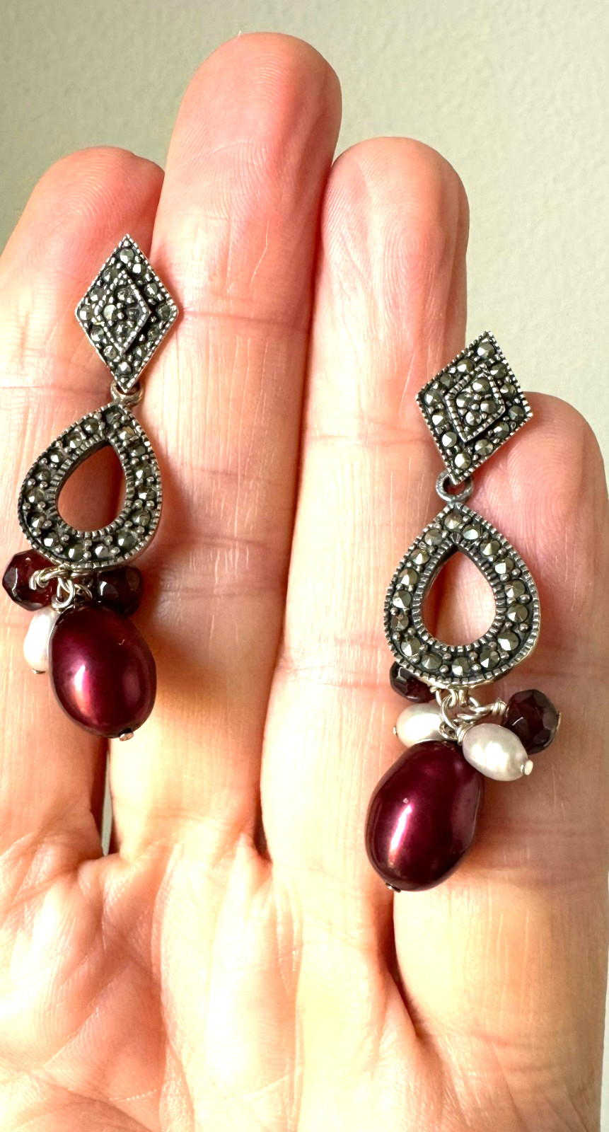 Vintage 925 Sterling Silver Marcasite Burgundy Dangle Earrings