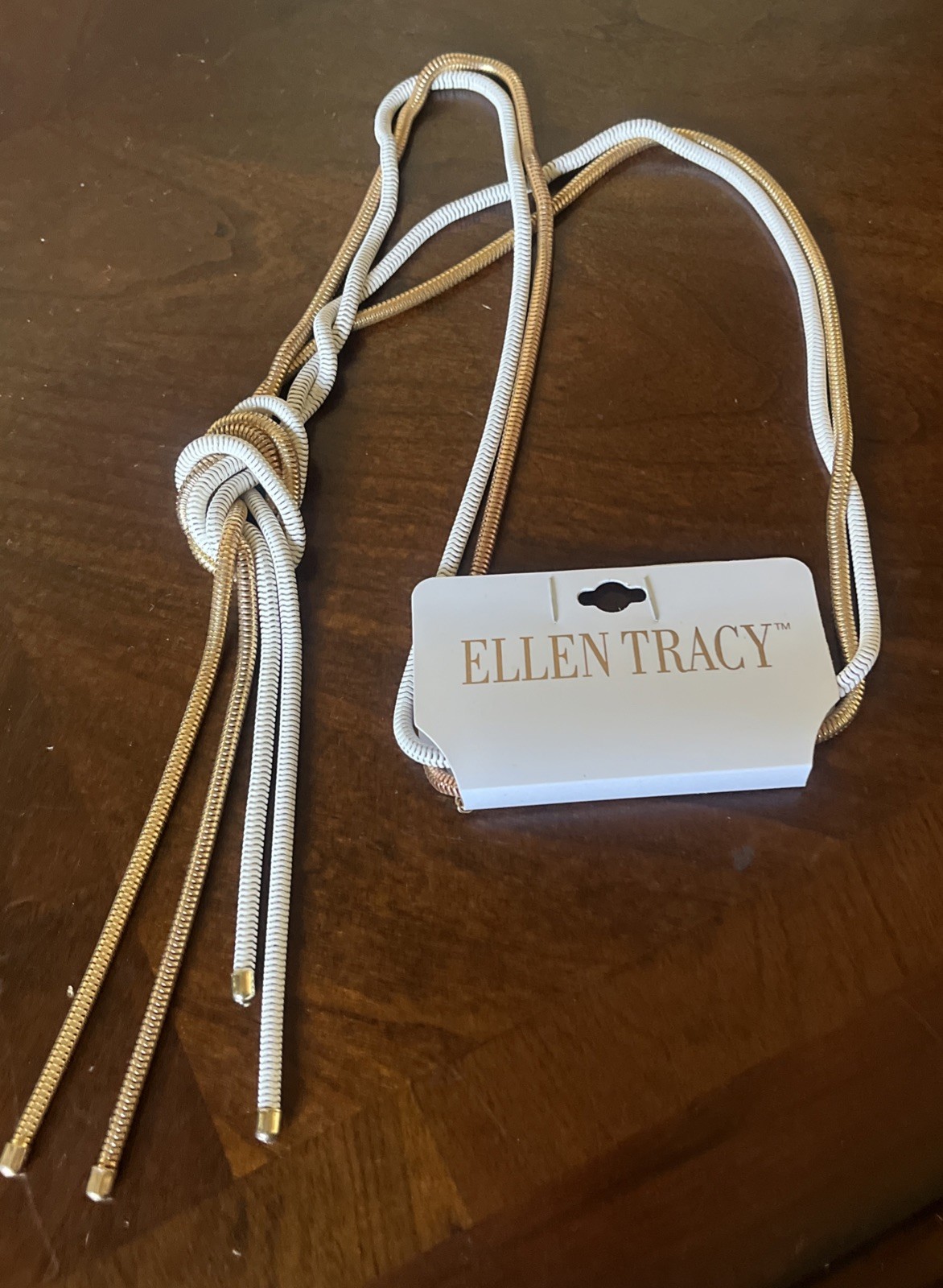 New ELLEN TRACY Gold Tone And White Tassel And Knotted Metal Necklace $45