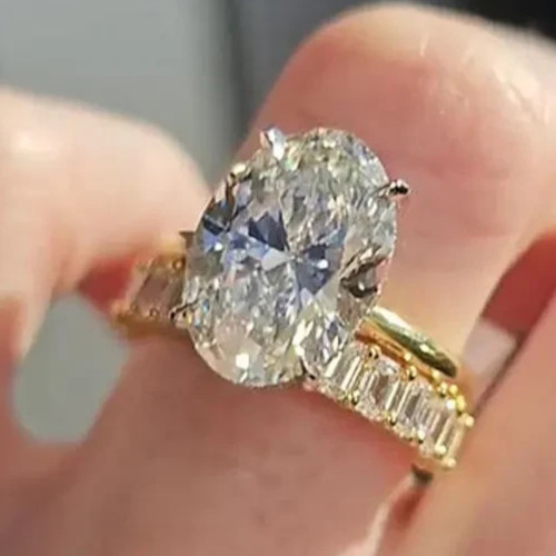 6.00Ct Oval-Cut EF/VS1 Lab Grown Diamond Wedding Set Band Ring 14K Yellow Gold