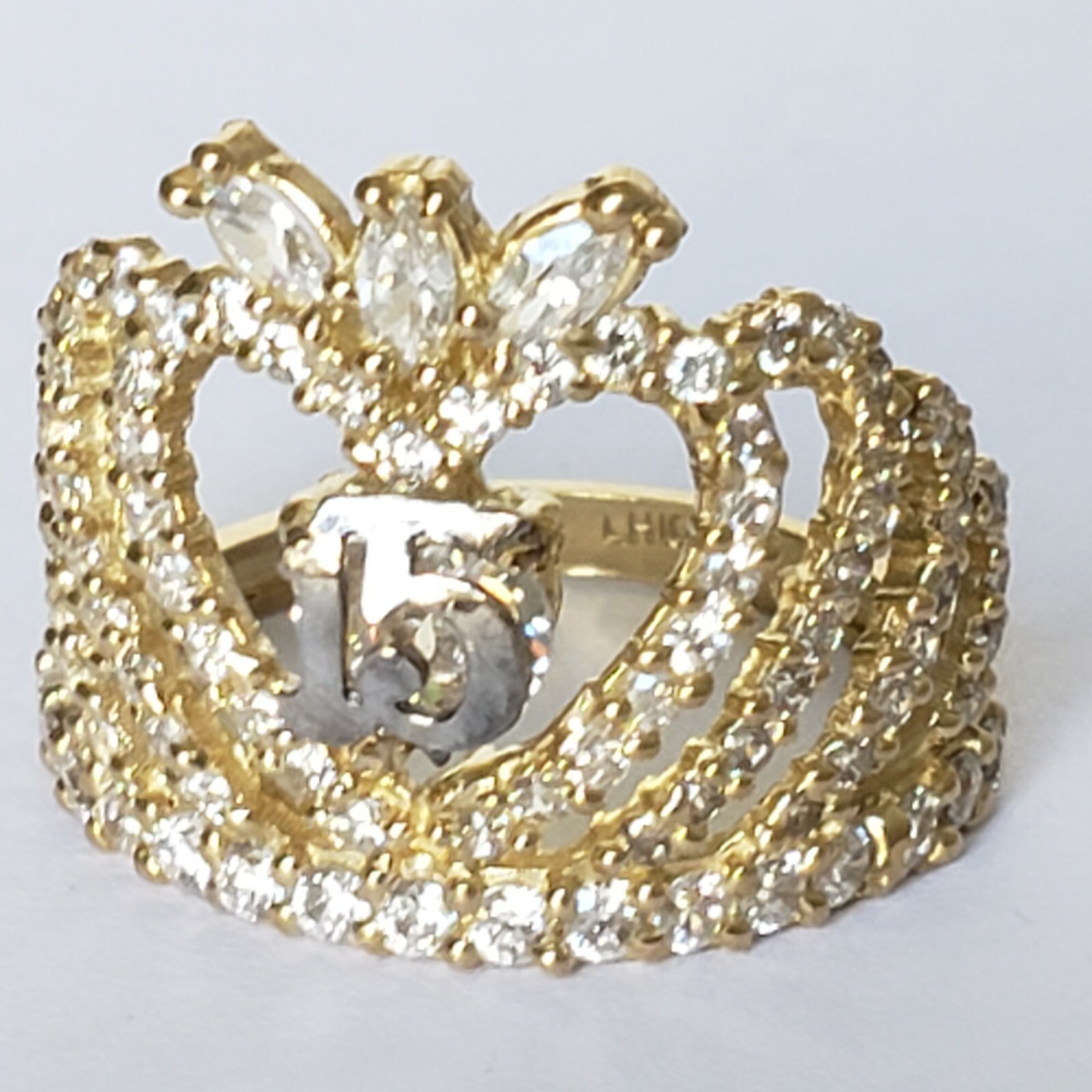 Big 10k yellow gold quinceanera 15 crown ring size 5 6 7 8 9 10 womans