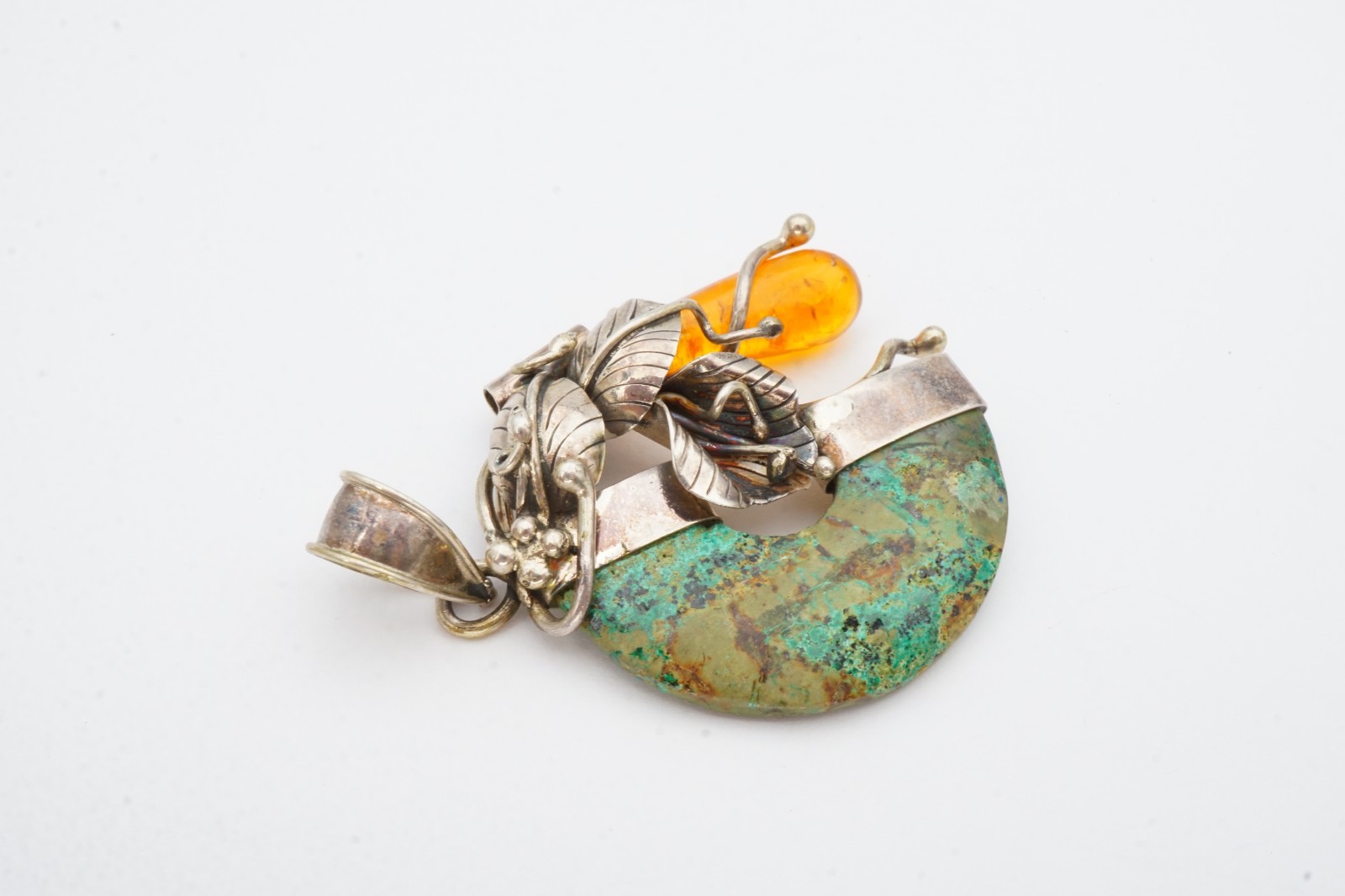 Vintage Sterling Silver 925 Amber Turquoise Pendant
