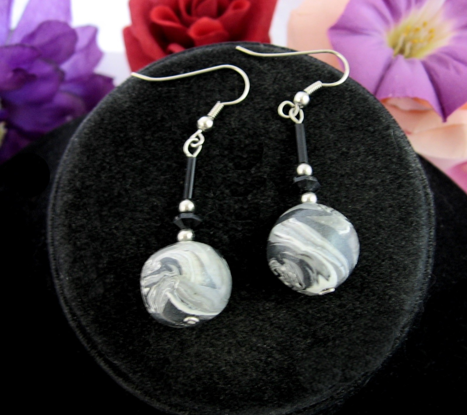 EARRINGS Vintage Pierced GRAY White BLACK MARBLED Beads Handmade Dangle Wires