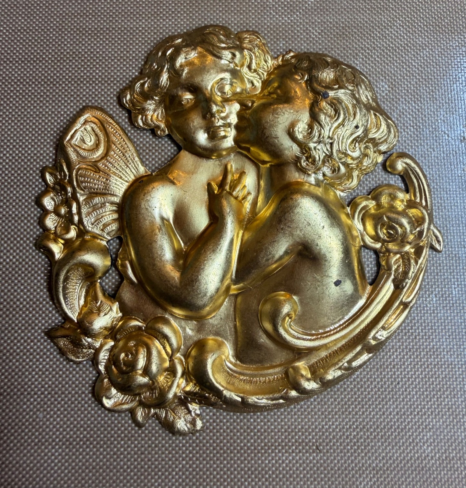 Large Vintage Brass Cherub Butterfly Wing Stamping 56mm Art Nouveau Jewelry Find