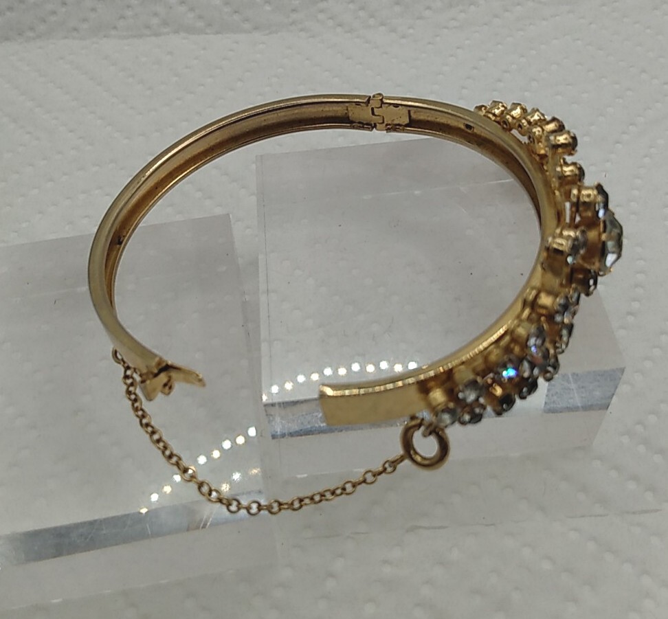 Vintage Gold Tone Rhinestone Hinged Bracelet With Safety Chain