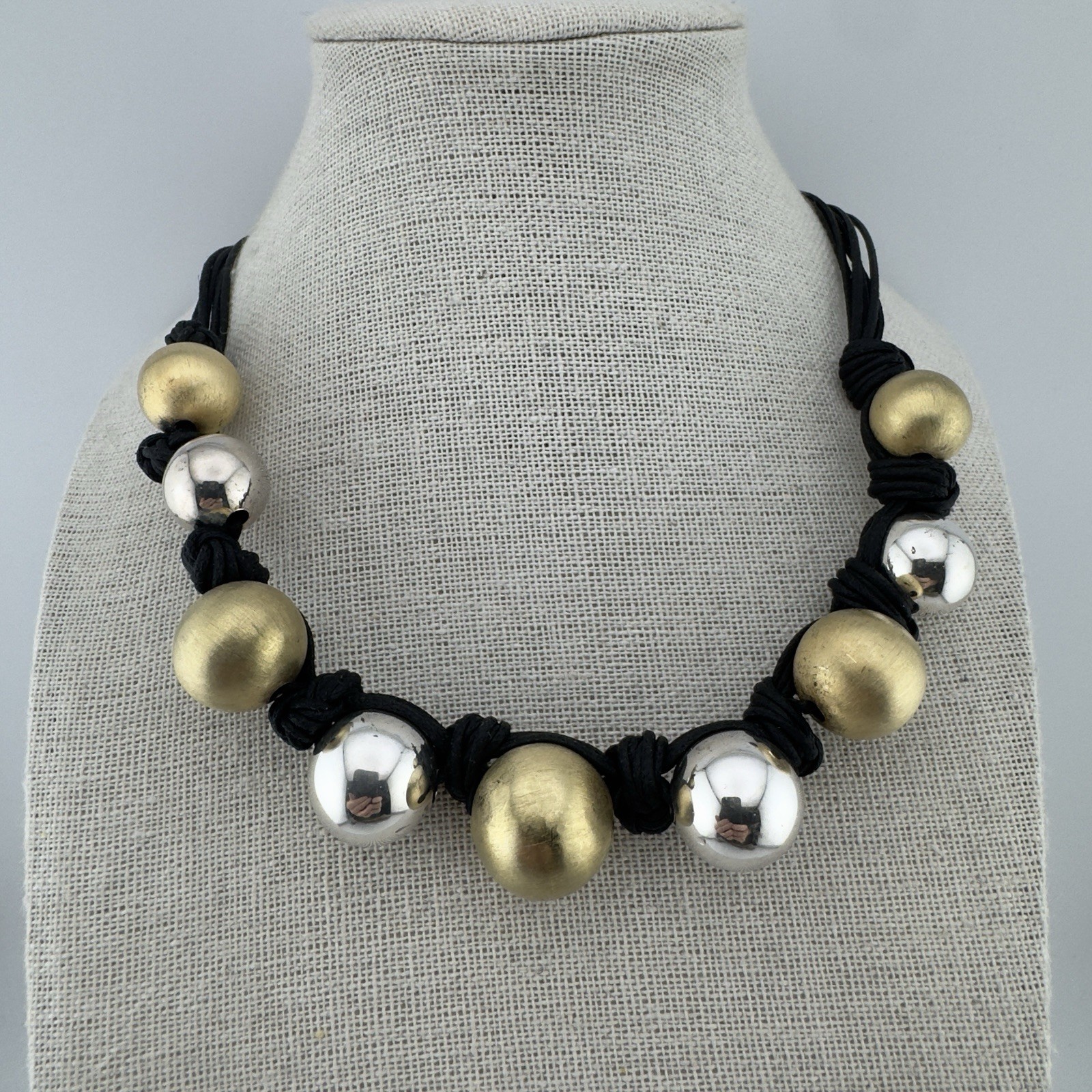 Arte d’Argento 925/18k Sterling Silver Bead Necklace Knotted Black Cord Italy