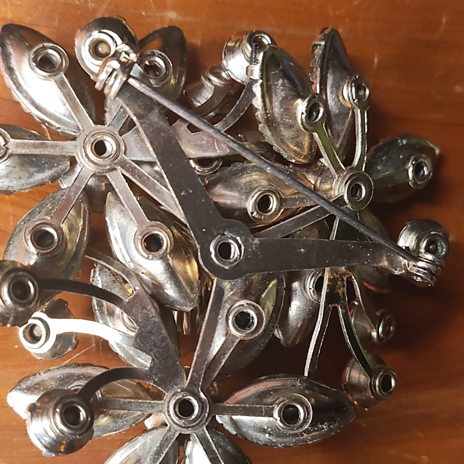 Judy Lee Flower Brooch Silver Tone Orange & Brown Round Rhinestones Prong Set