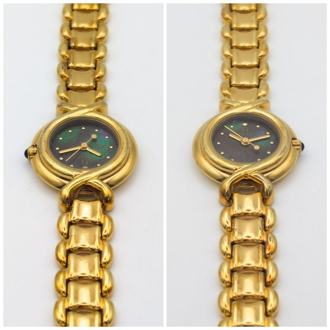 FENDI 700L Watch Gold Shell Dial Quartz 26.1mm 16cm Leather Band Vintage