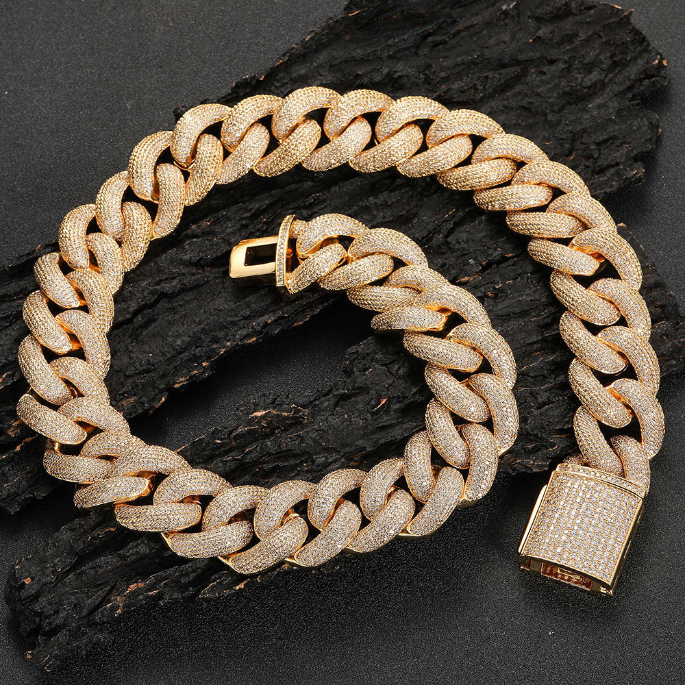 25mm Hip Hop Bubble Cuban Link Chain White CZ Stone 18K Real Gold Plated Jewelry
