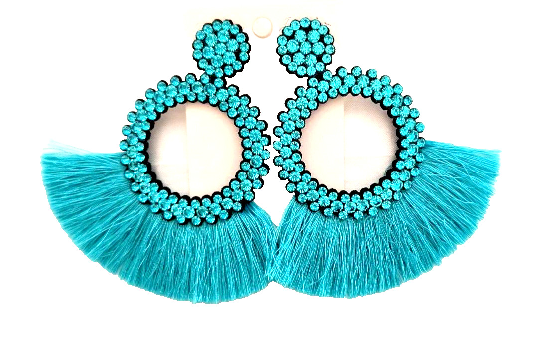 New Fashion Jewelry Dangle/ Drop Earrings Aqua Fringe Crystals Appx 3.5 inx3 in