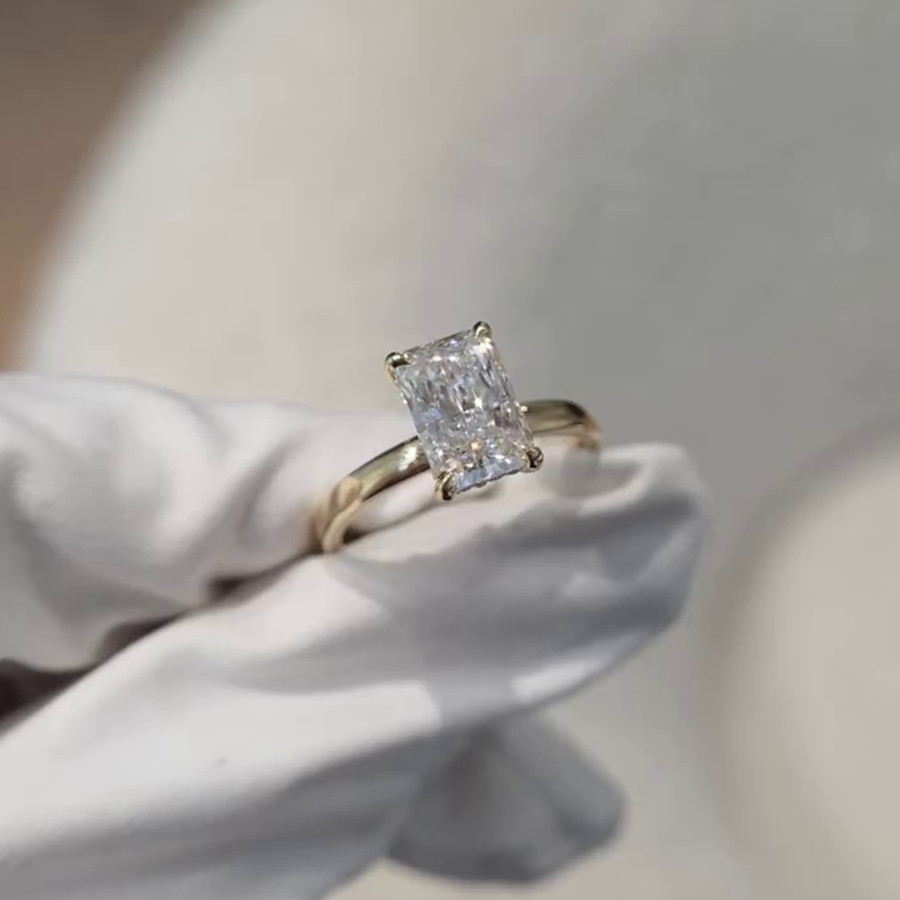 3.2CTW Radiant Cut Moissanite Hidden Halo Engagement Ring 14K Yellow Gold Plated