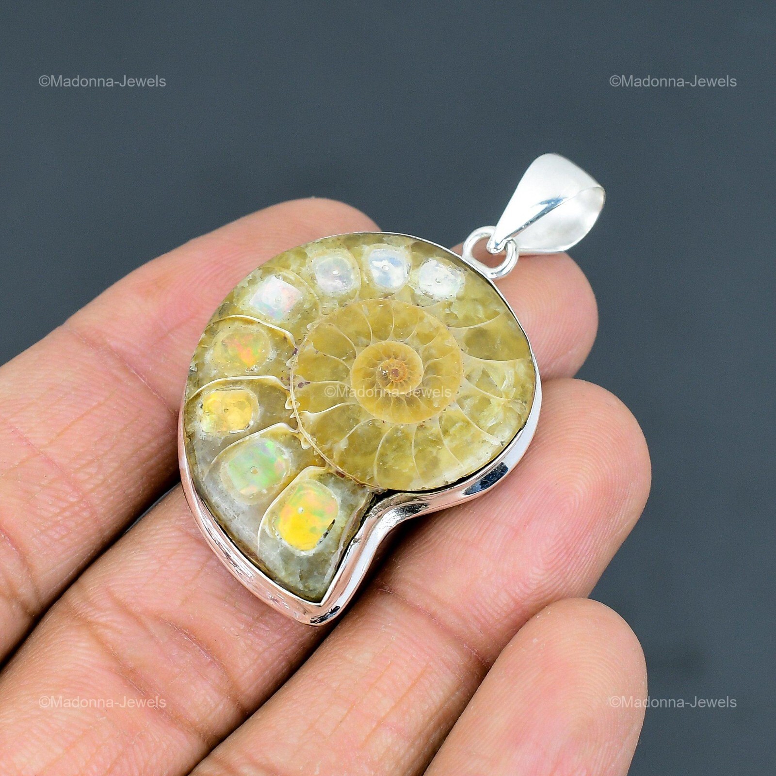 Natural Ethiopian Opal In Ammonite Fossil 925 Sterling Silver Daughter Pendant