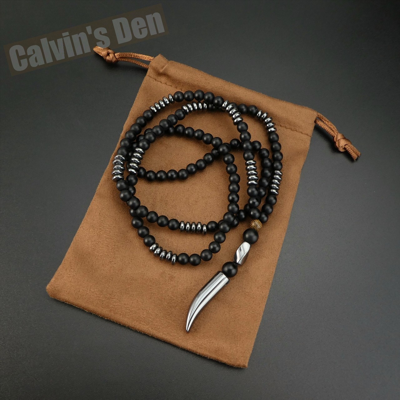 Matte Black Obsidian Black Hematite Tooth Fang Pendant Necklace Men Modern Boho