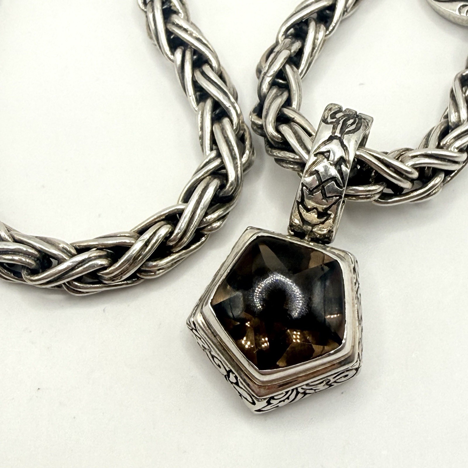 Fuzion 925 Sterling Silver Smoky Quartz Braided Chain Necklace 14” 50g Designer