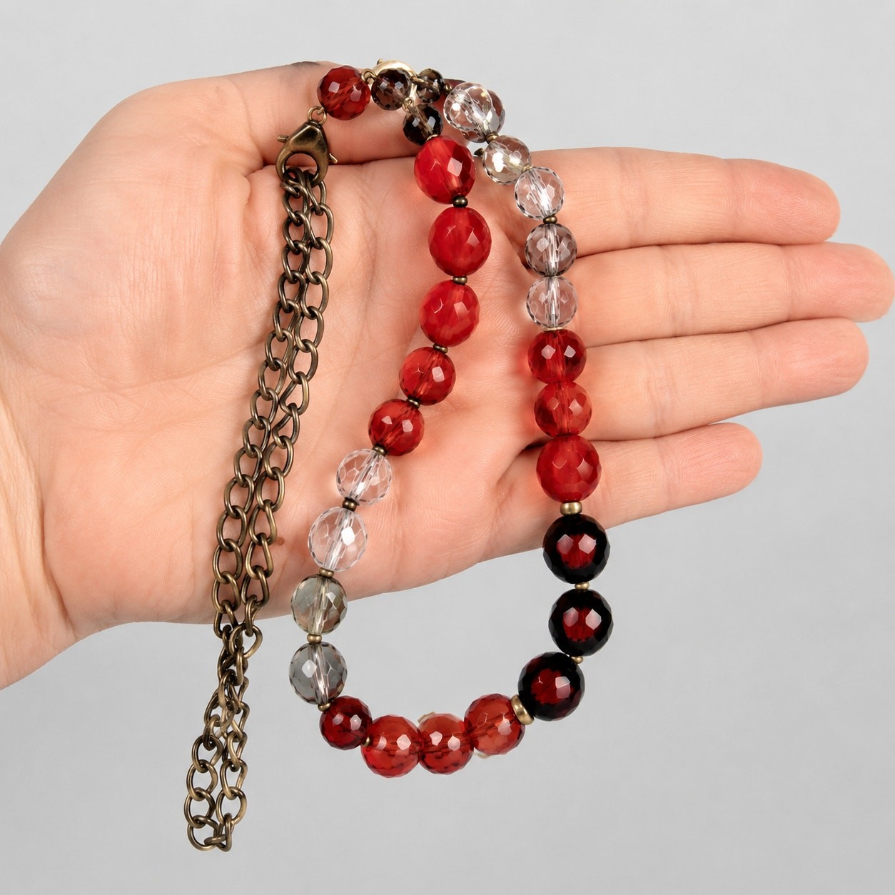 Red Black Long Statement Necklace Faceted Lucite Beaded Colorful 34″ rd01-15