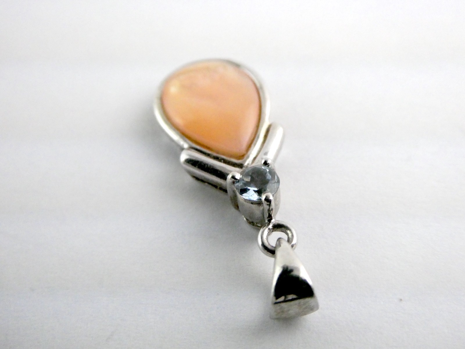 Sterling Silver Blue Topaz and Peach MOP Shell Pendant 925 1.25 Inch Length