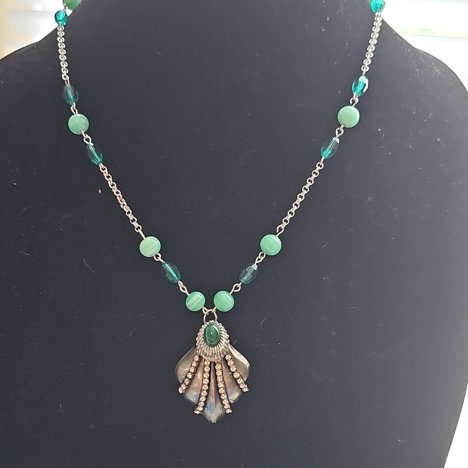 Assemblage Necklace Vintage Czech Glass Beads Malachite Cab Pendant Silver Tone