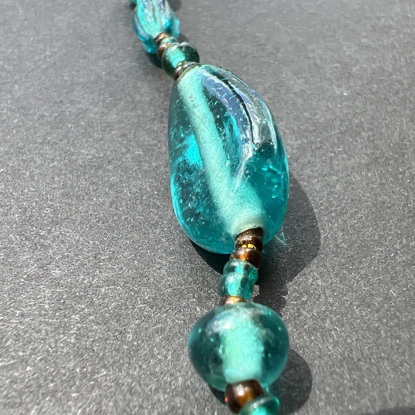 Vintage Amber Turquoise Glass Bead Necklace 28”