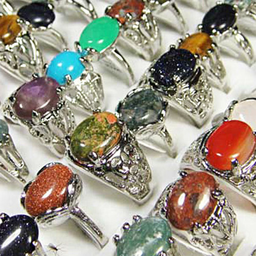 FREE Wholesale Lots Mixed 20Pcs Big Natrual gemstone stone Silver P Rings