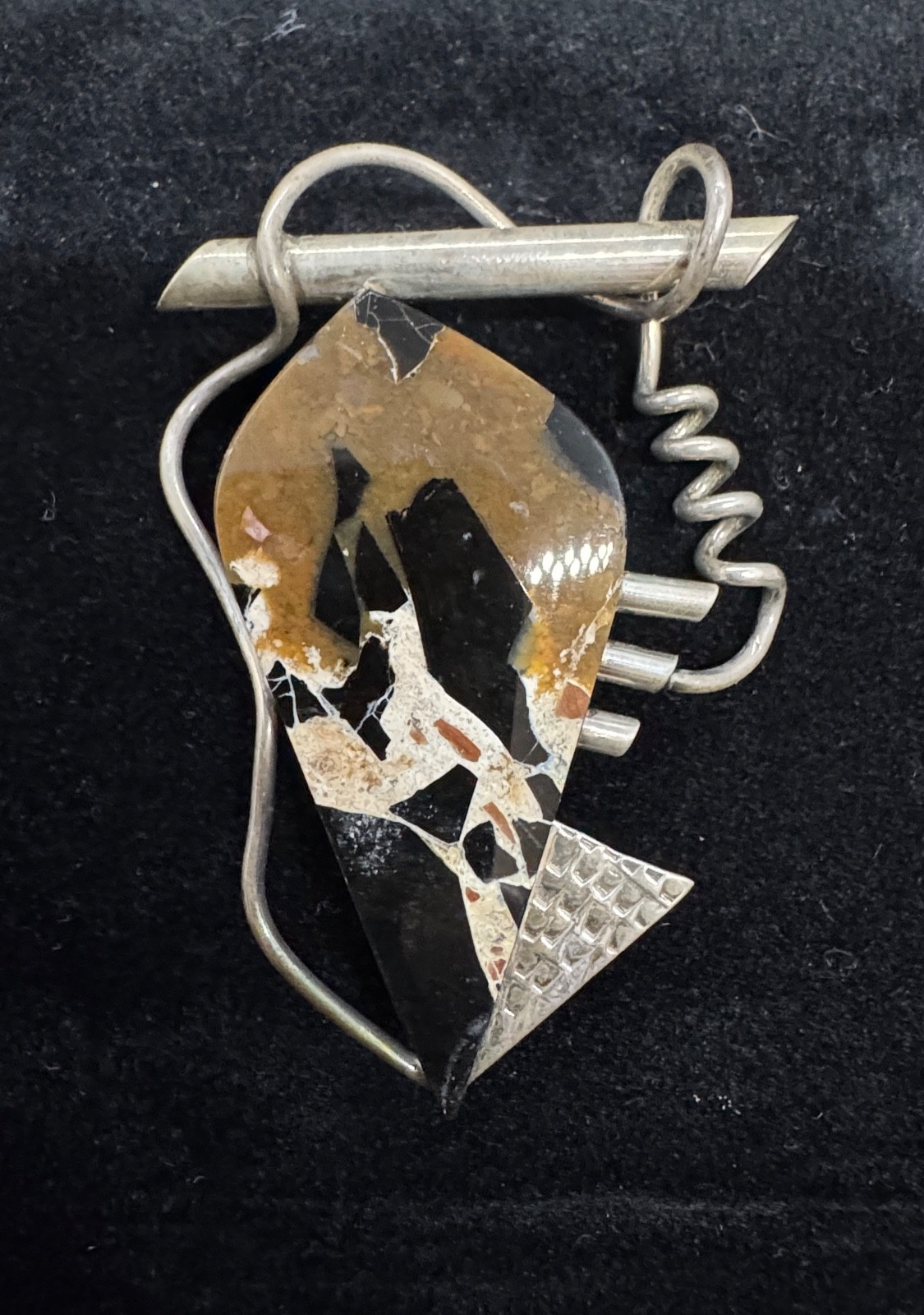 Natural Brown, Black, Cream Stone Set In Handmade Sterling Silver Pendant or Pin