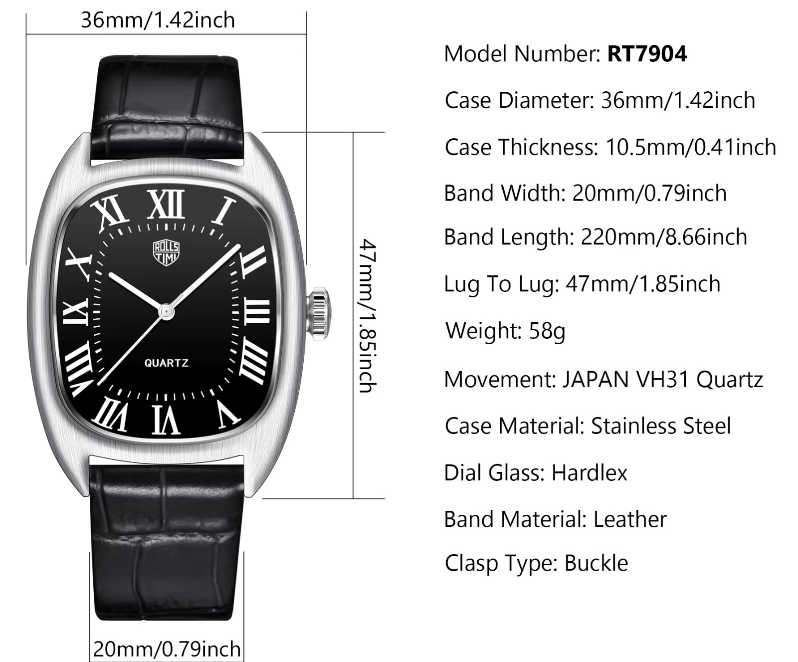 RollsTimi RT7904 Classic Tonneau Luxury Dress 36mm 5ATM Leather Strap Seiko VH31