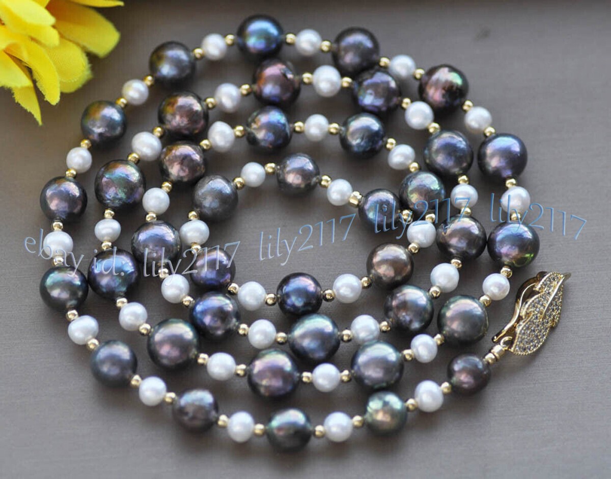 6-7mm White 11-12mm Black Natural Freshwater Pearl Beads Necklace Leaves Clasp
