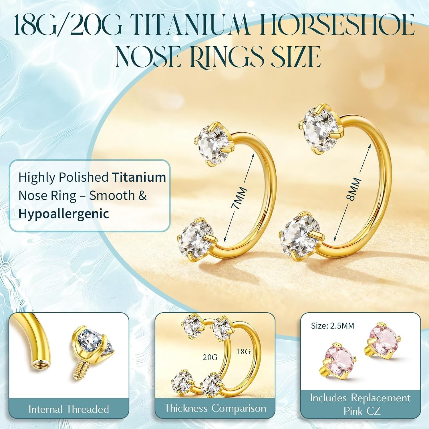 Gold & Silver Titanium Horseshoe Nose Ring: 7mm, 20g/18g, Stylish Gem Collection