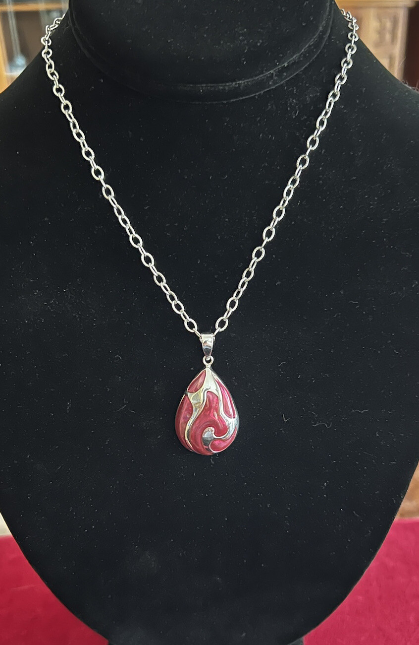 VTG 925 Sterling Silver Necklace & Pendant With Pink Enamel 17-19in Adj 13 Grams