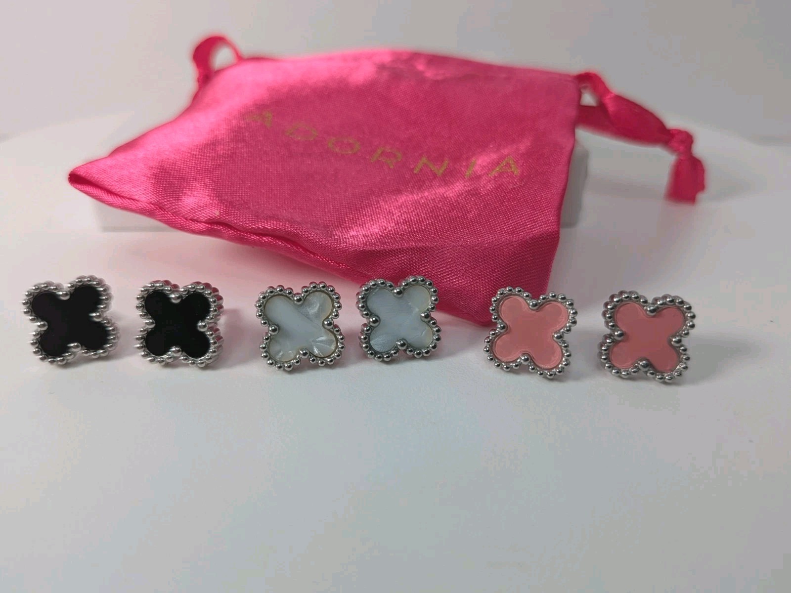 Adornia Set 3 Clover Stud Earrings Silver Pink Black White 14k Gold or Rhodium