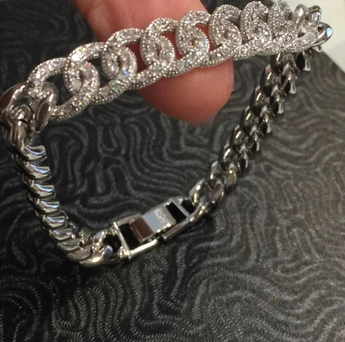 18K White Gold Filled Cuban Link Chain Bracelet made Simulated Diamond 7”