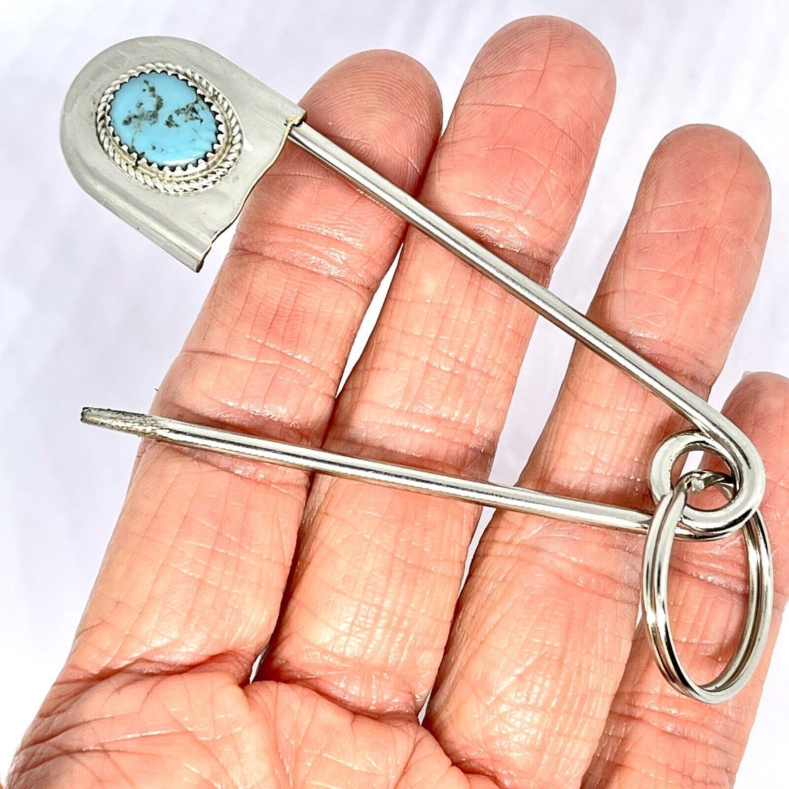Giant Safety Pin Keyring Turquoise Nugget Key Chain Tag 4in Navajo Mens Gift