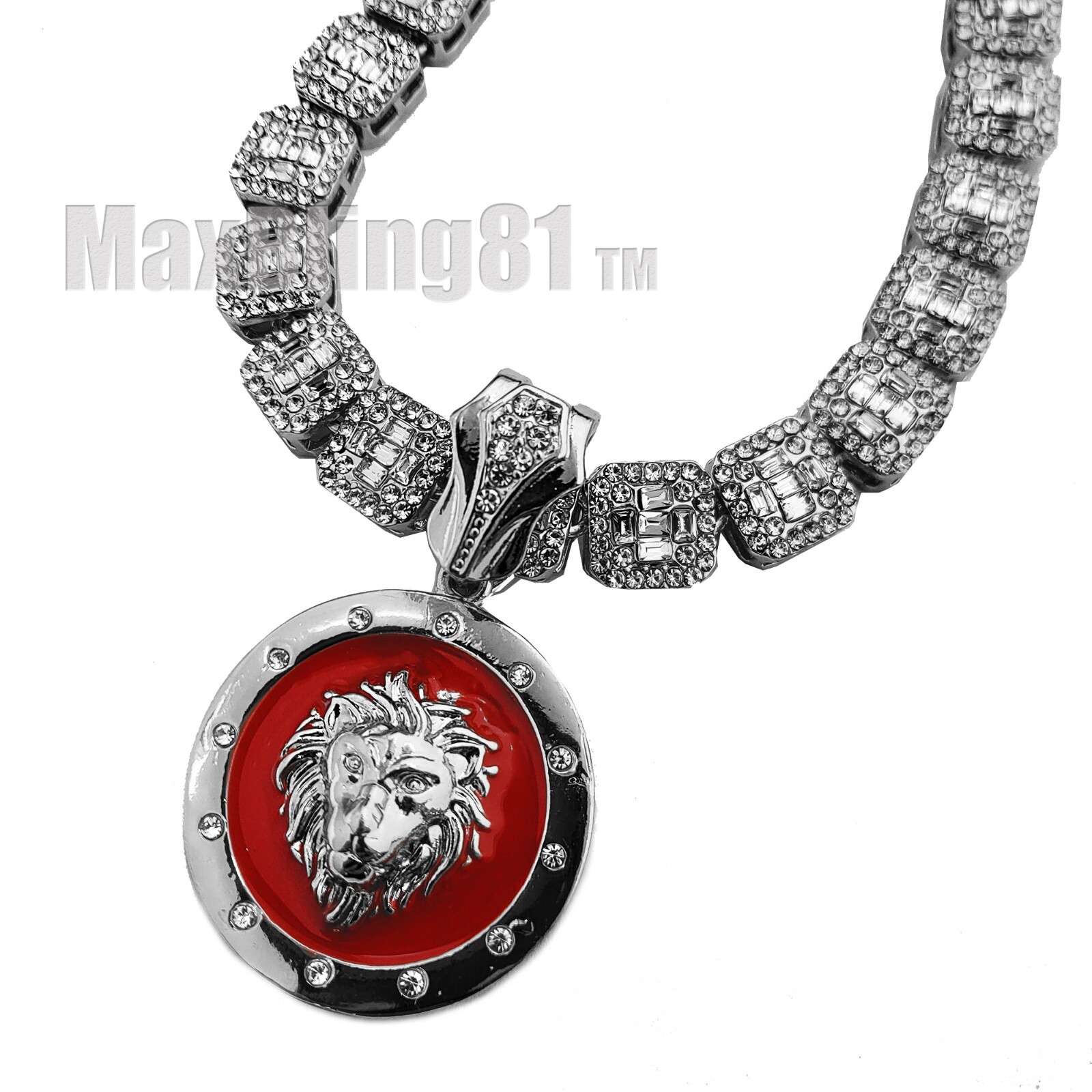 Silver Plated Alloy Lion Pendant 16″ 18″ 20″ Iced Cubic Zirconia Chain Necklace