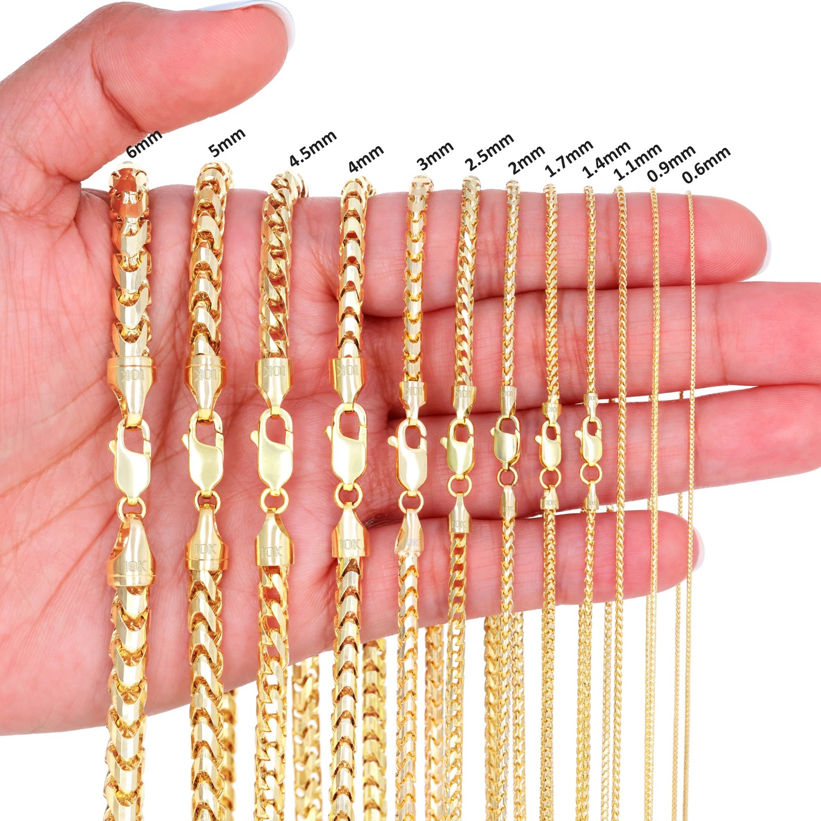 10K Yellow Gold Solid Franco 1mm-6mm Diamond Cut Chain Necklace Bracelet 7″-30″