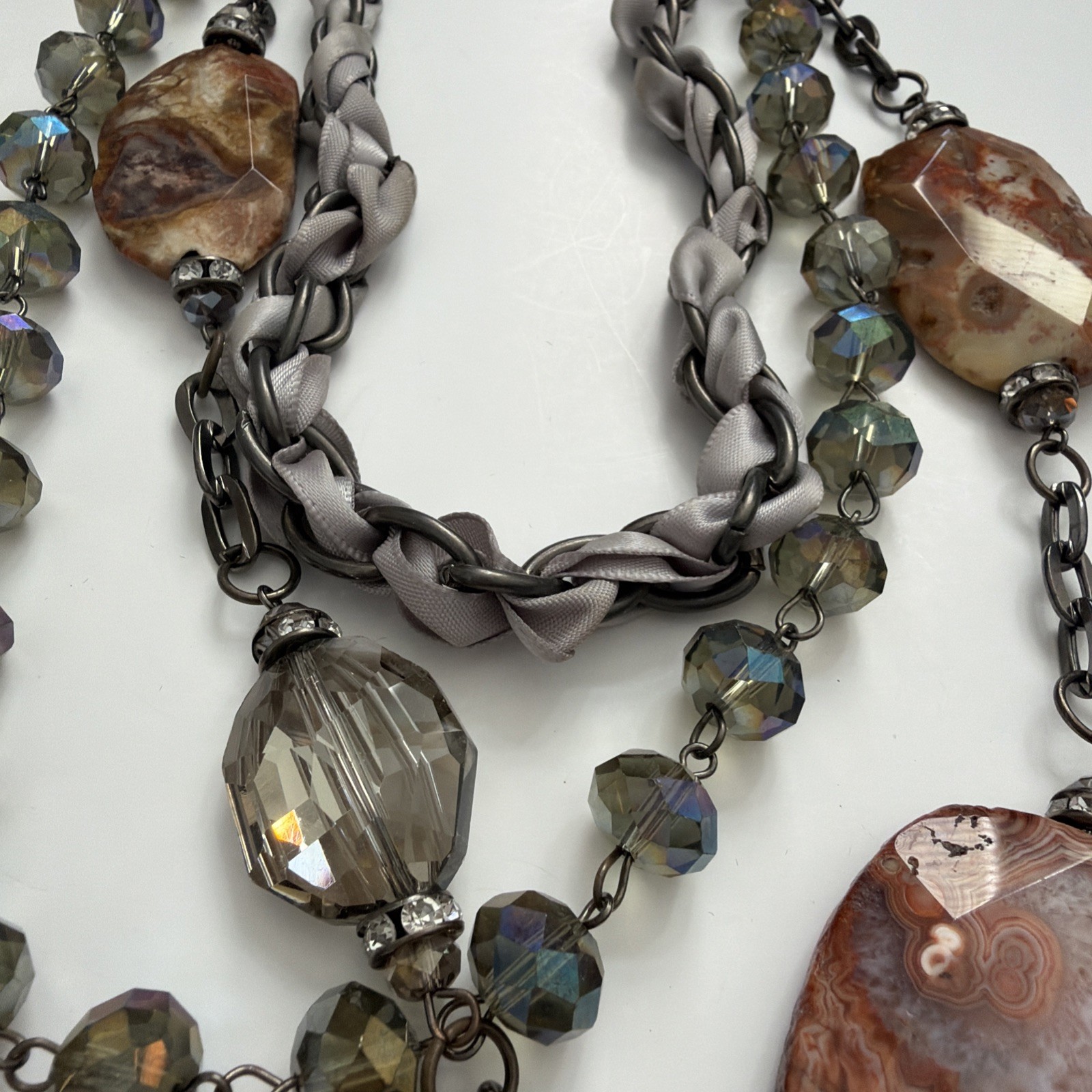Vintage Cookie Lee Multi Strand Statement Necklace Agate Crystal Gunmetal Gray