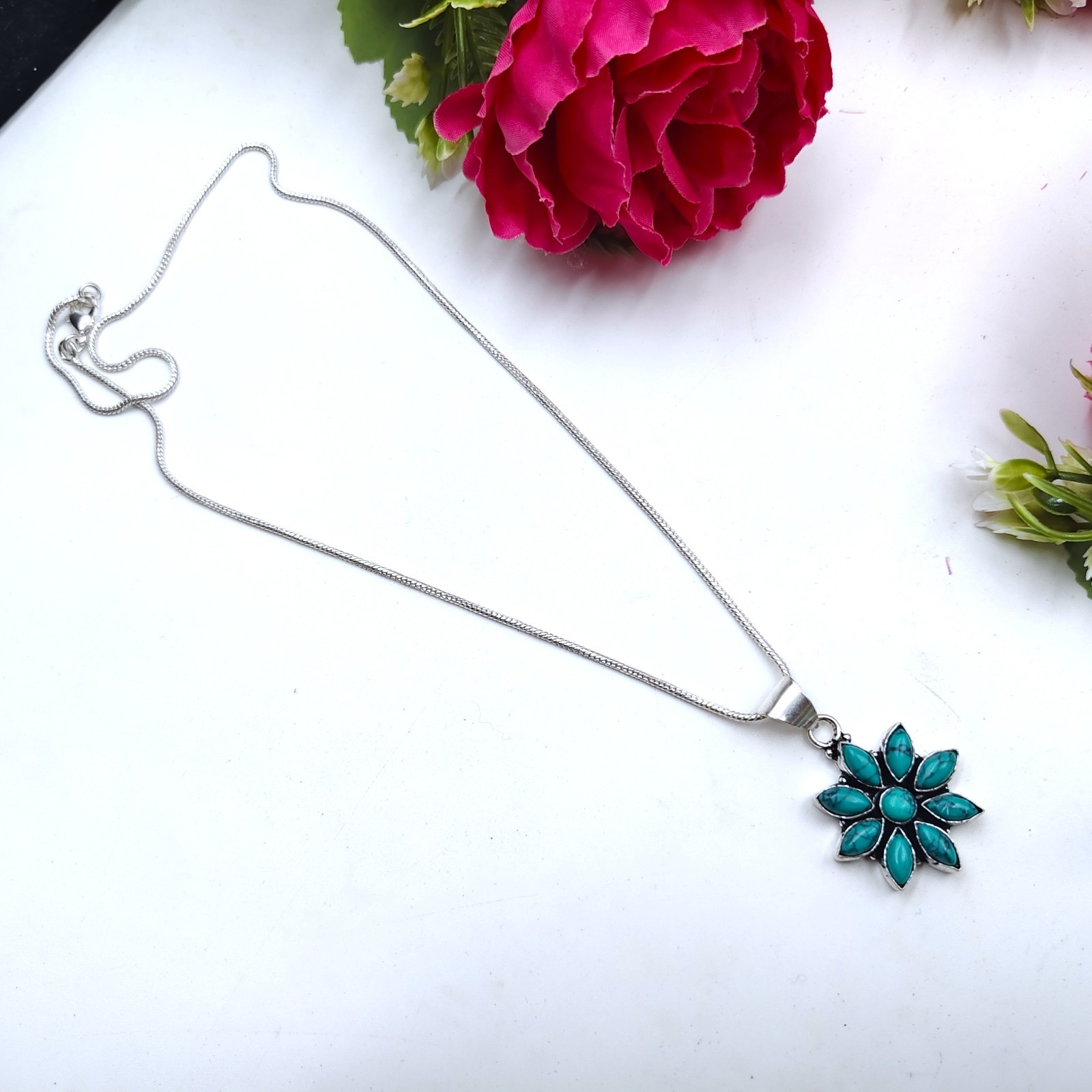 Blue Turquoise Gemstone 925 Sterling Silver Jewelry Pendant Necklace Size-17-18″