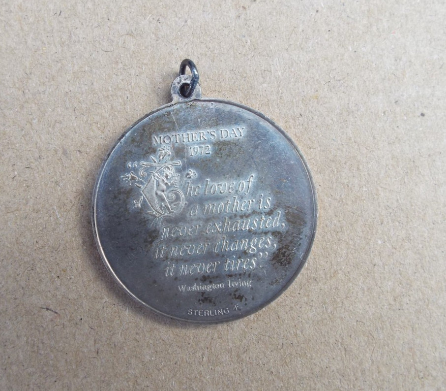 Mother’s Day 1972 Sterling Silver Medallion Beautiful Quote by Washington Irving