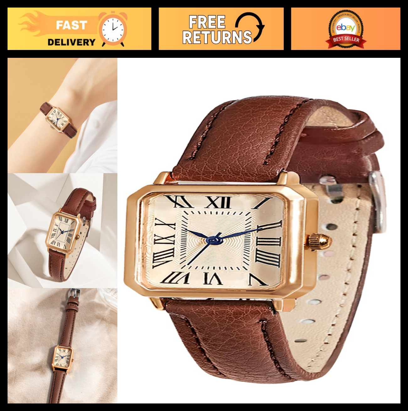 Elegant Leather Strap Watch for Women – Vintage Rectangle Quartz Wristwatch, Dai