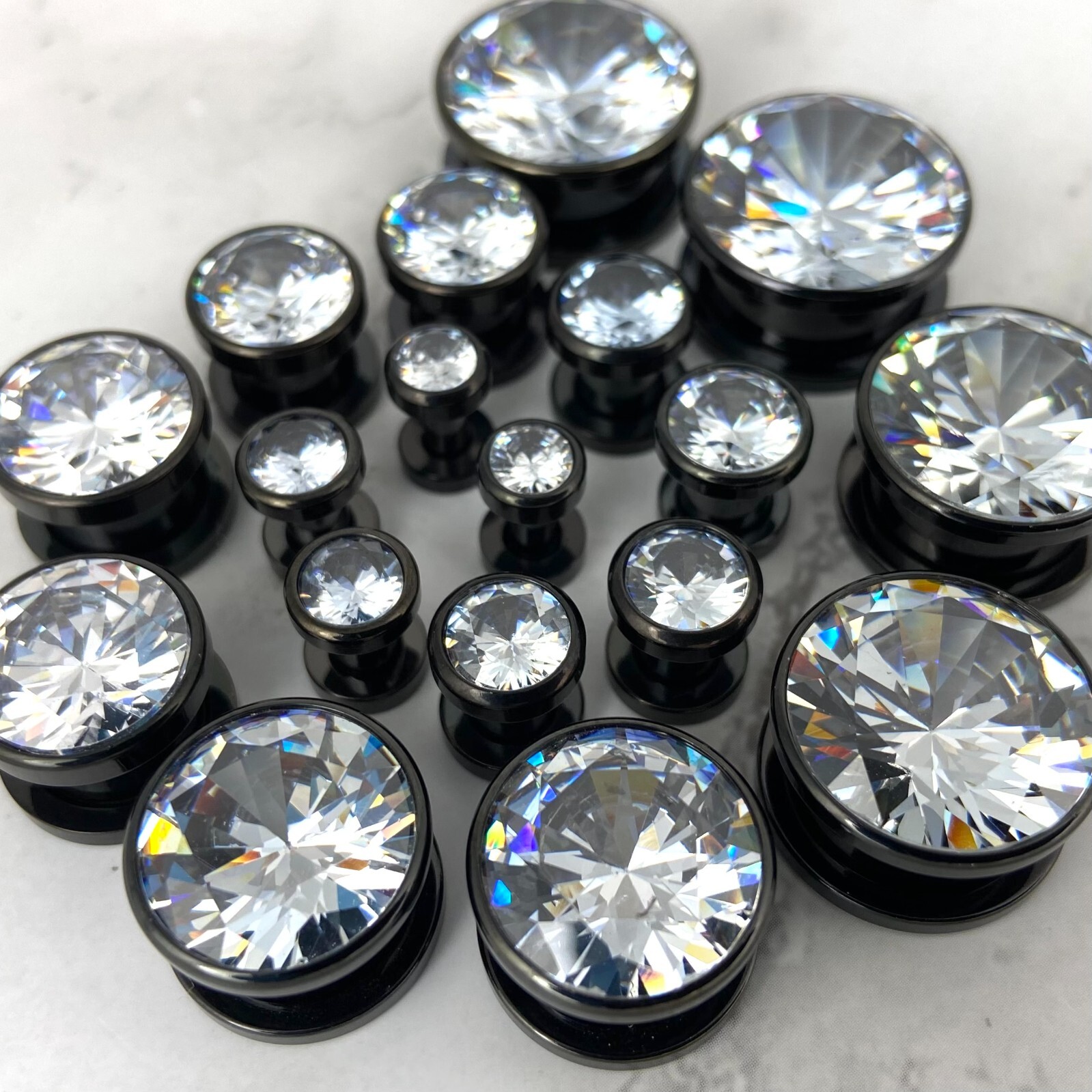 Pair 316L Black Steel Screw on Plugs with Clear Press Fit CZ Gem (PS-125) gauges