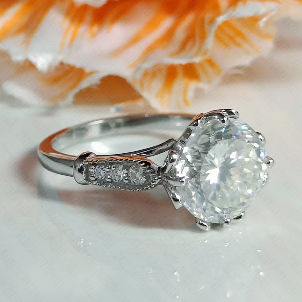2.56 TCW Round Cut Portuguese Moissanite Engagement Ring 14k White Gold Plated