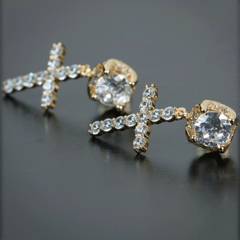 Iced Stud Cross Drop Hanging Huggie Dangle Hoop Sterling Silver Cz Gold Plated