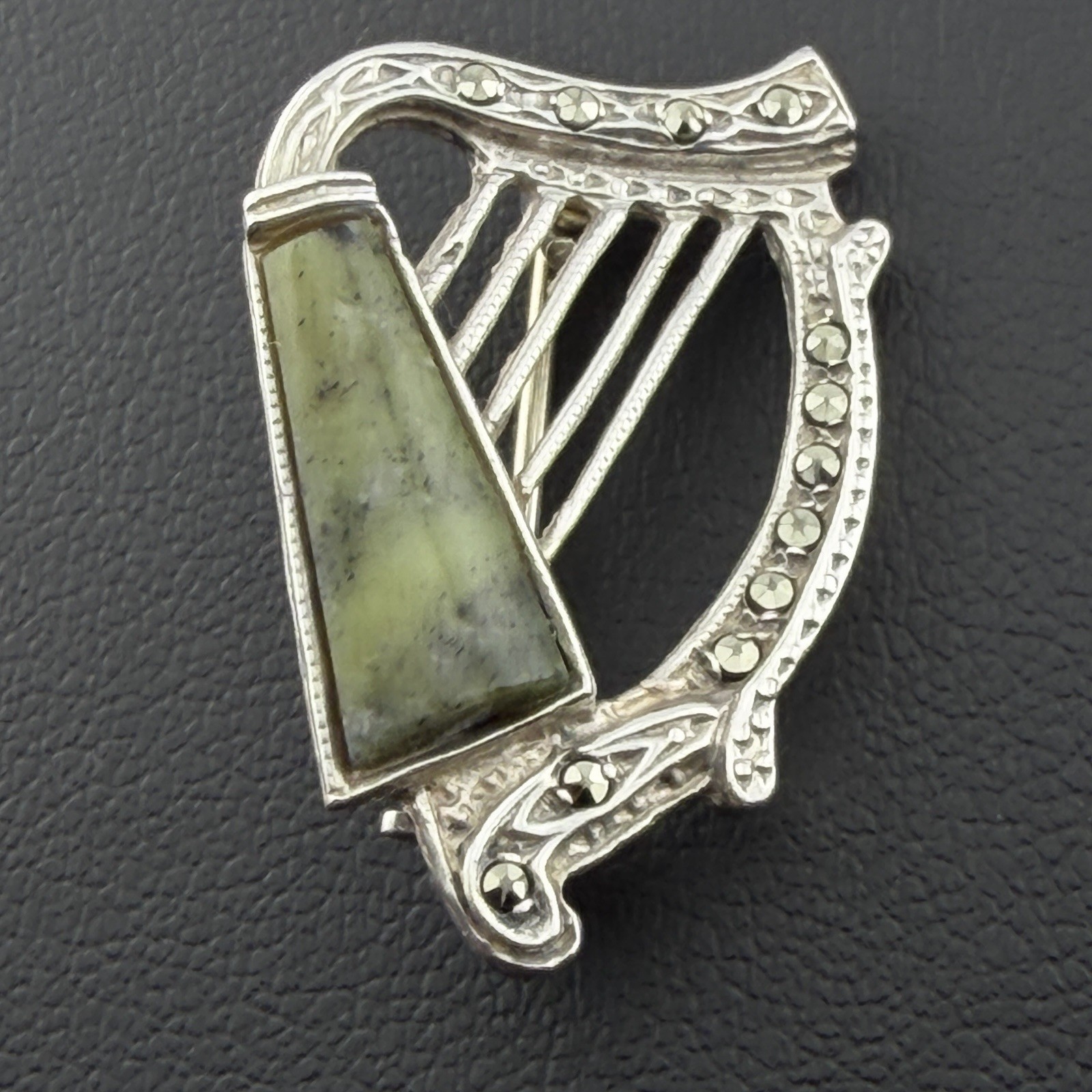 Vintage TJH Sterling Silver Irish Harp | Connemara Marble & Marcasite Brooch