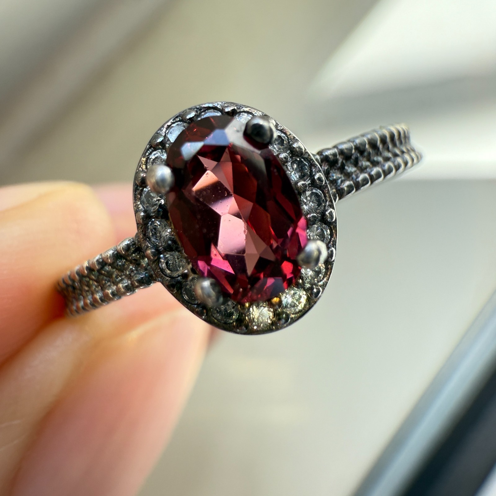 925 Sterling Silver Ring 6x4mm Natural Rhodolite Garnet Zircon Flower Red Gift